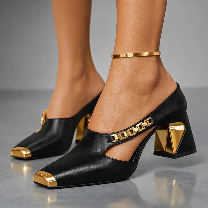 Block Heel Dress Shoes with Arch Support and Metallic Cutout Details