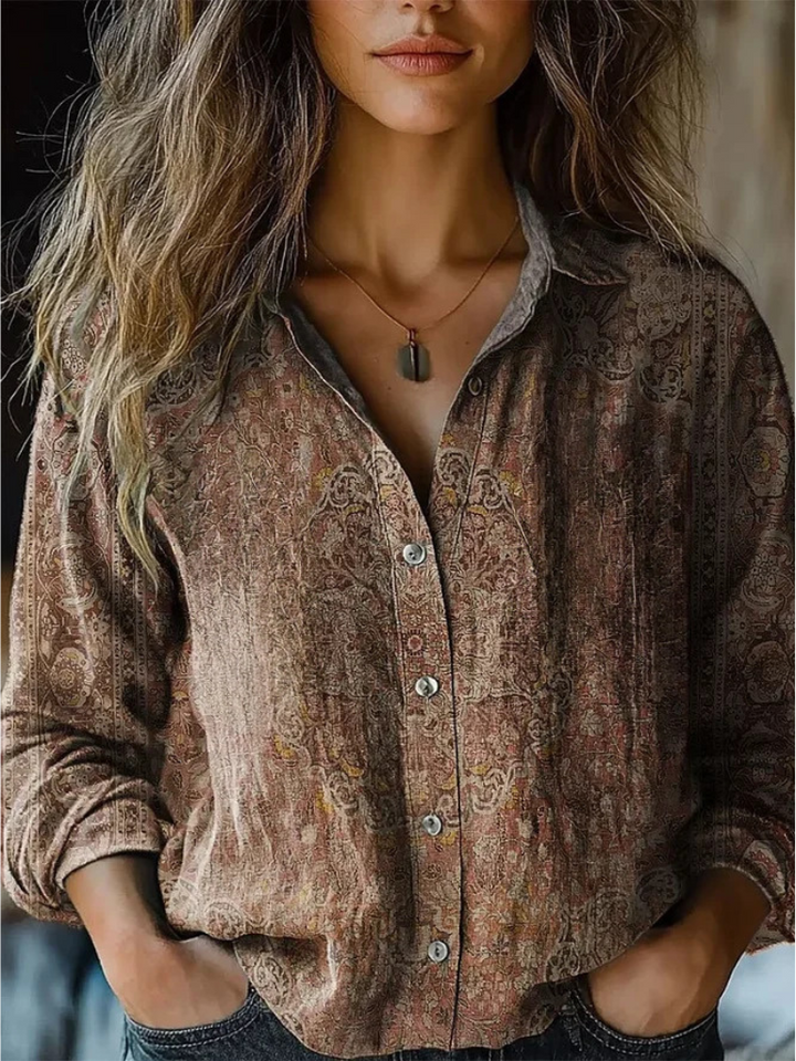 Long-Sleeve Blouse with Retro Print and Relaxed Fit
