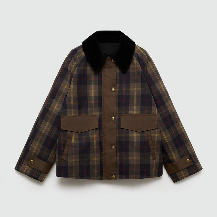Women's Checked Jacket with Faux Fur Collar and Cotton Filling