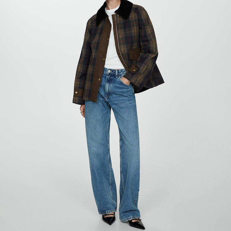 Women's Checked Jacket with Faux Fur Collar and Cotton Filling