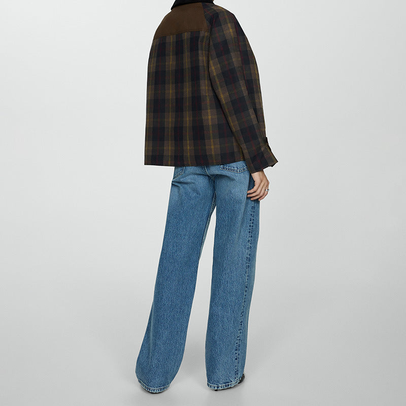 Women's Checked Jacket with Faux Fur Collar and Cotton Filling