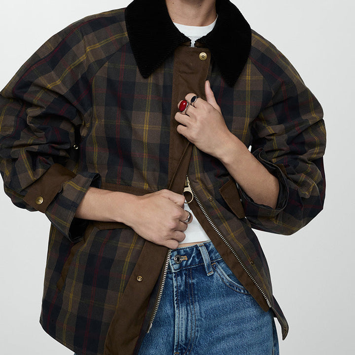 Women's Checked Jacket with Faux Fur Collar and Cotton Filling
