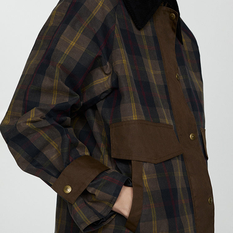 Women's Checked Jacket with Faux Fur Collar and Cotton Filling