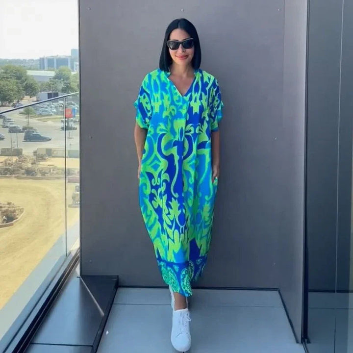 Relaxed Viscose Dress with Tropical Print and Loose Fit