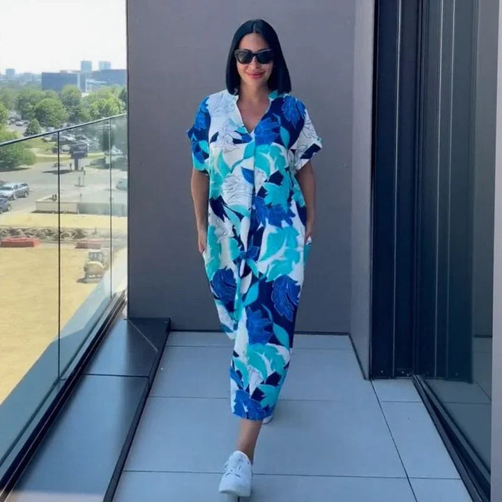 Relaxed Viscose Dress with Tropical Print and Loose Fit