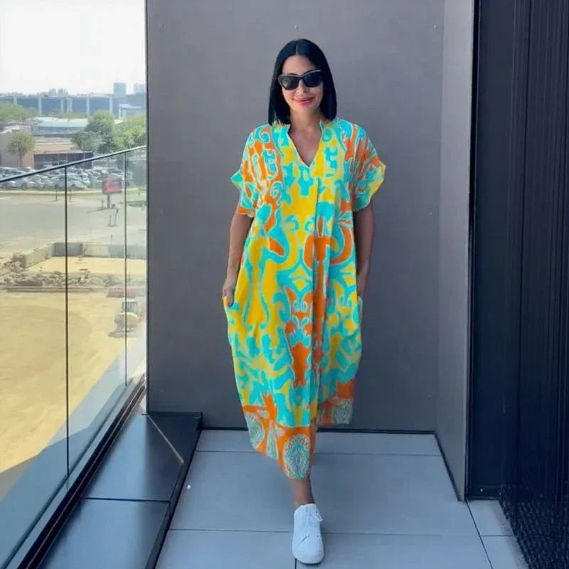 Relaxed Viscose Dress with Tropical Print and Loose Fit
