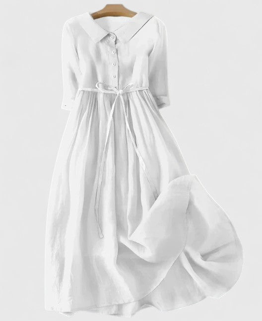 Midi Dress with Adjustable Lace-Up Waist and Cotton Linen Blend