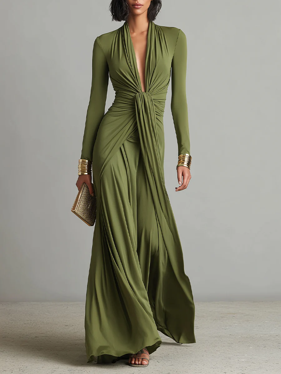 Maxi Dress with Deep V-Neckline and Gathered Waist, Stretch Fabric