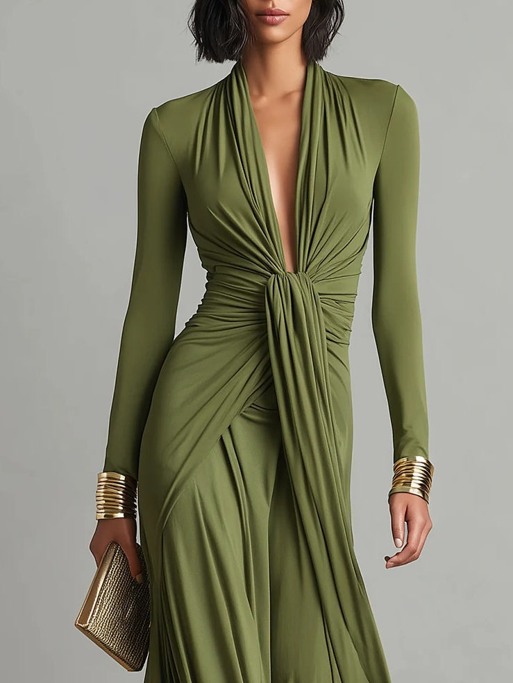 Maxi Dress with Deep V-Neckline and Gathered Waist, Stretch Fabric