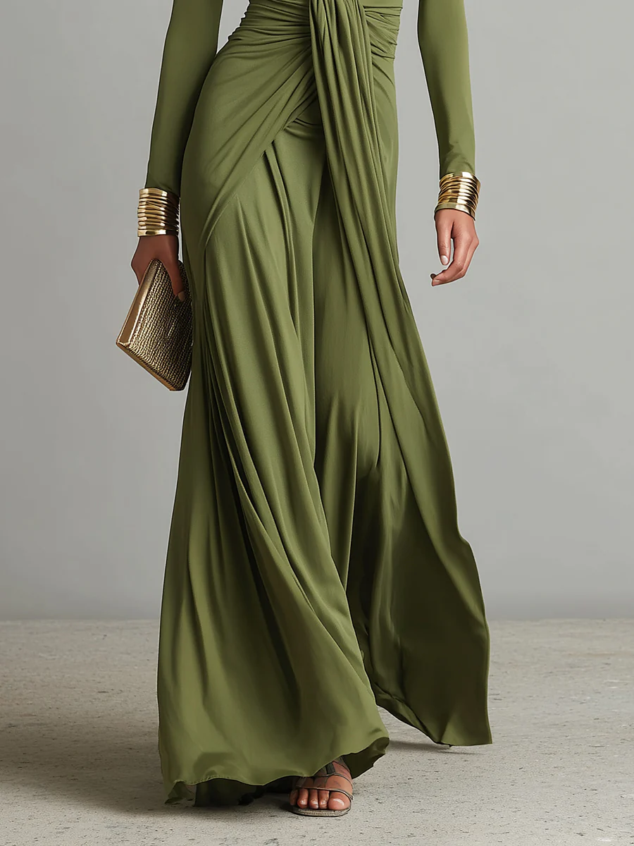 Maxi Dress with Deep V-Neckline and Gathered Waist, Stretch Fabric