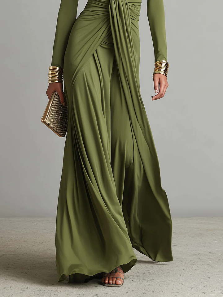 Maxi Dress with Deep V-Neckline and Gathered Waist, Stretch Fabric