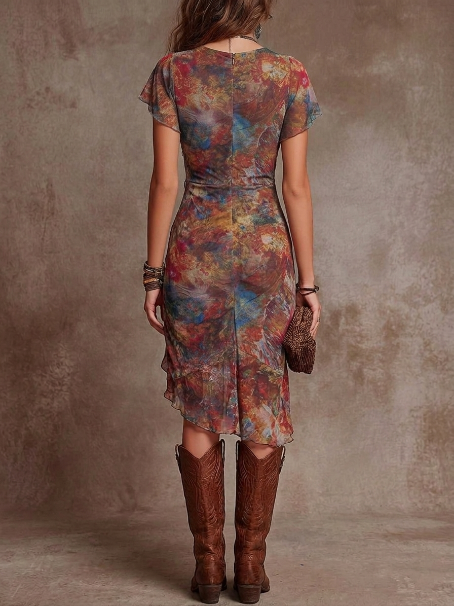 Bohemian Print Wrap Dress with V-Neck and Pleated Details