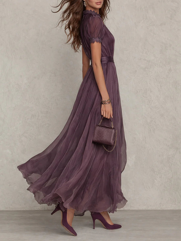 Purple Chiffon Maxi Dress with Drop Neckline and Lace Trim, Sheer Sleeves