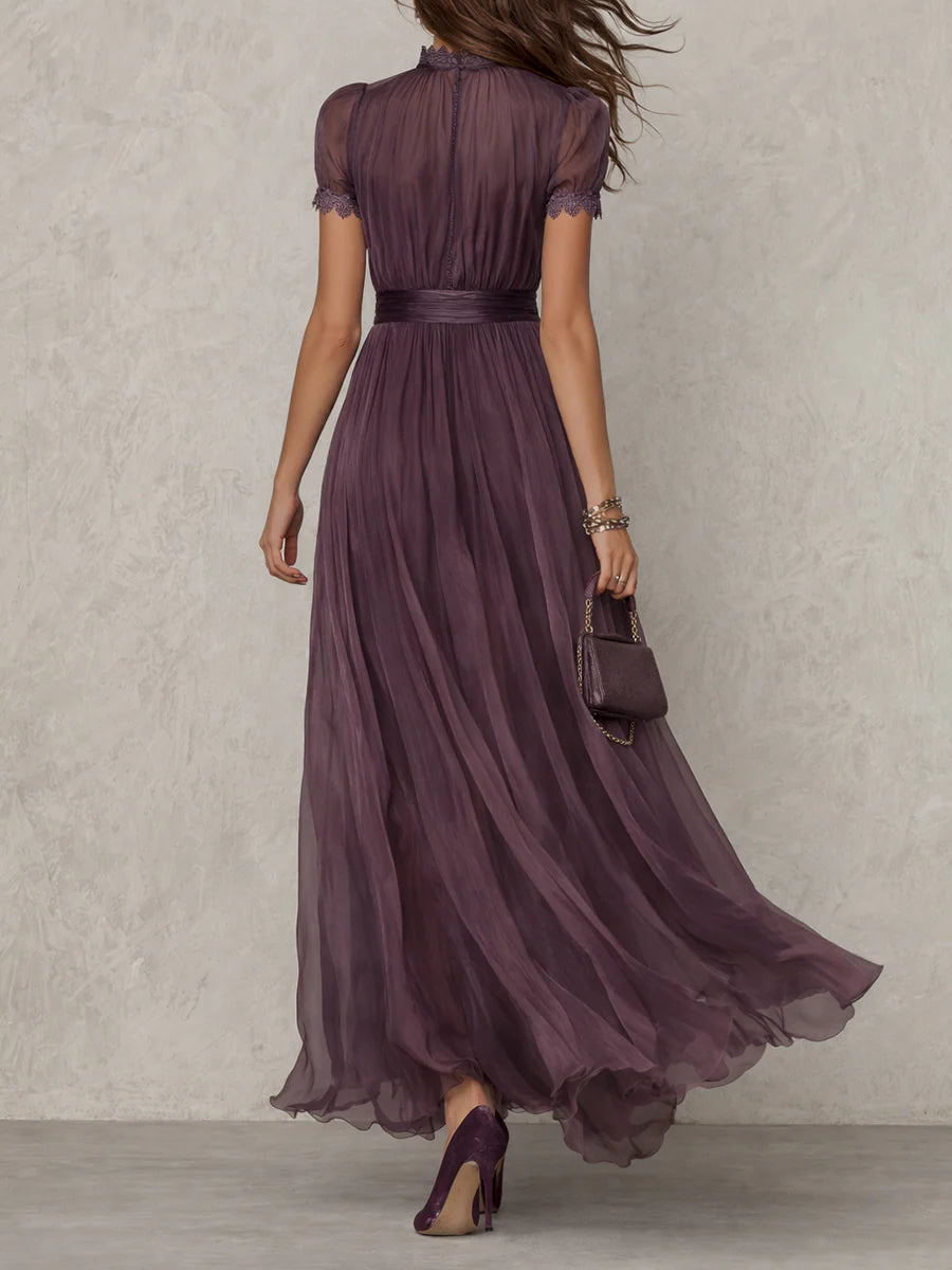 Purple Chiffon Maxi Dress with Drop Neckline and Lace Trim, Sheer Sleeves