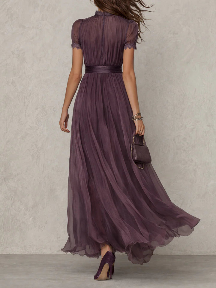 Purple Chiffon Maxi Dress with Drop Neckline and Lace Trim, Sheer Sleeves