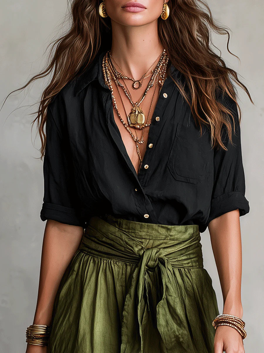 Black Long-Sleeve Top and Olive Green Midi Skirt Set with Matching Belt