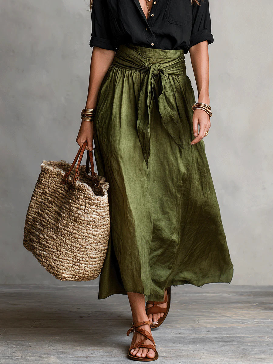 Black Long-Sleeve Top and Olive Green Midi Skirt Set with Matching Belt