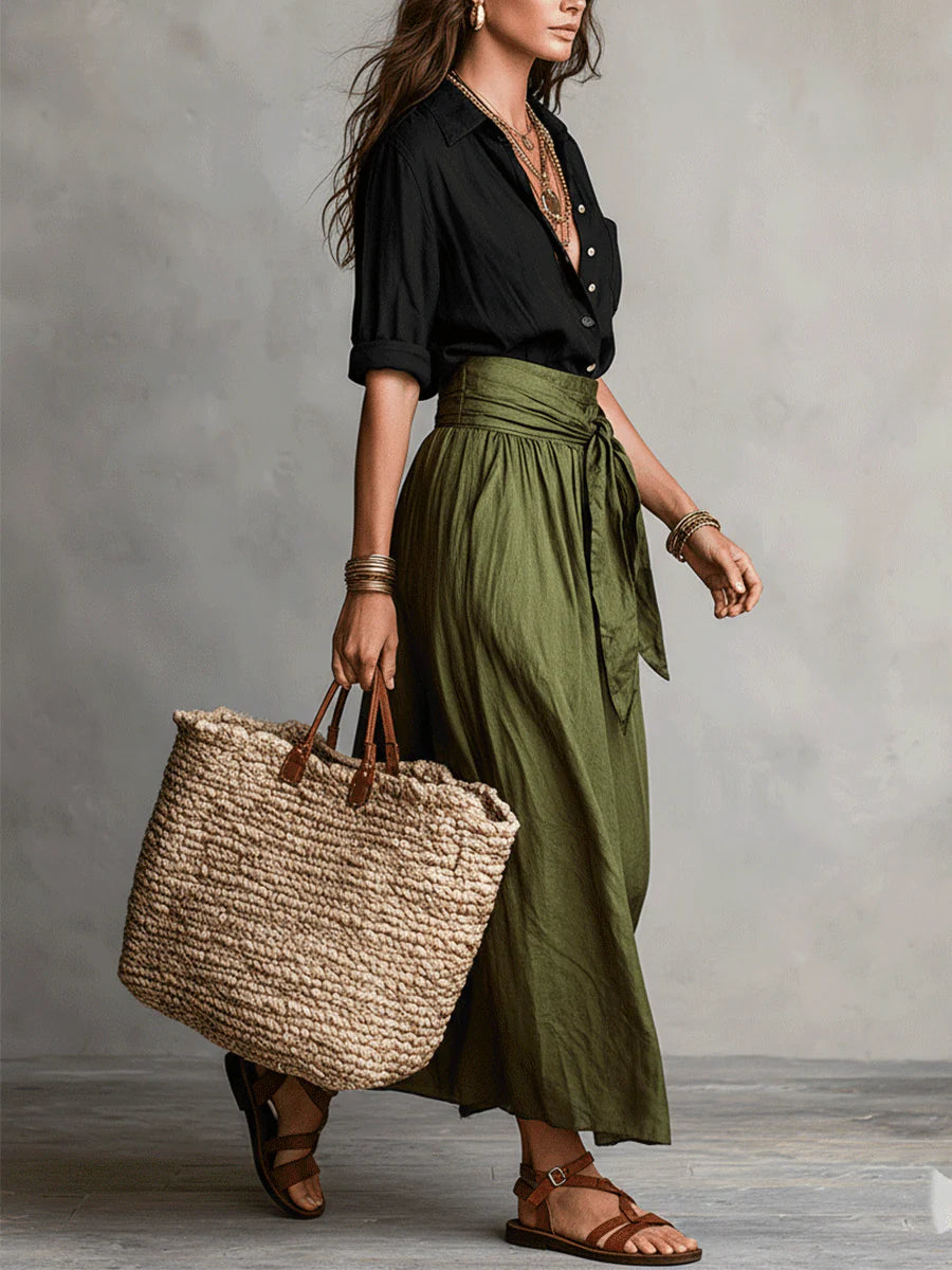 Black Long-Sleeve Top and Olive Green Midi Skirt Set with Matching Belt