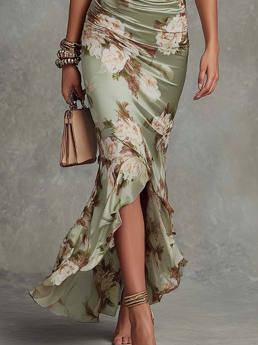 Midi Dress with Deep V-Neckline and Floral Print, Gathered Waist