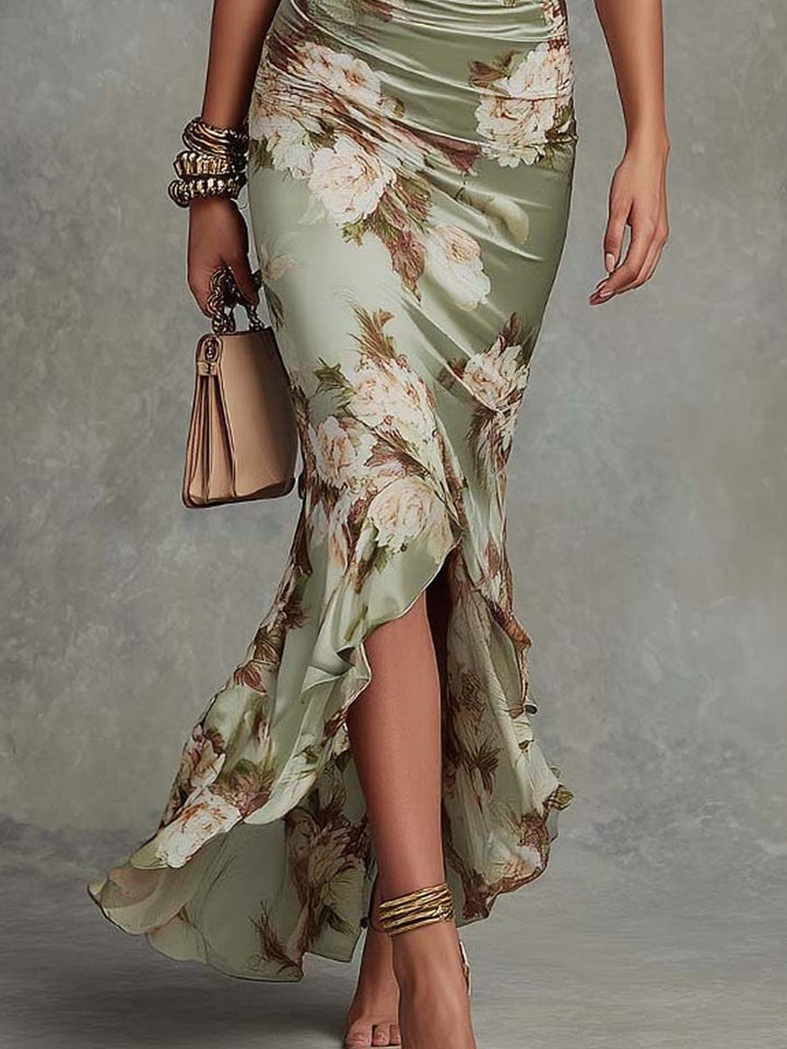 Midi Dress with Deep V-Neckline and Floral Print, Gathered Waist