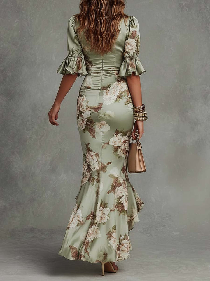Midi Dress with Deep V-Neckline and Floral Print, Gathered Waist