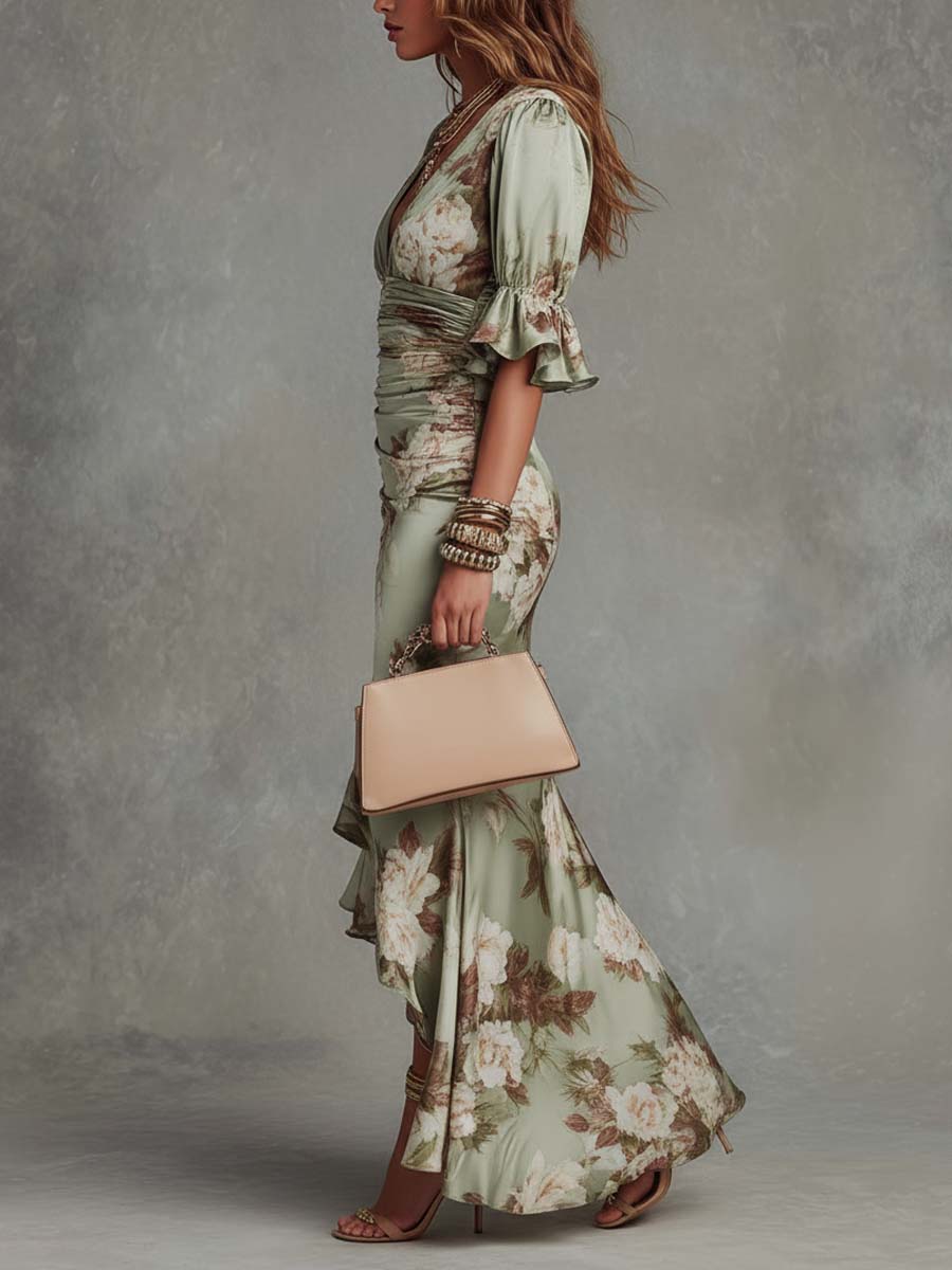 Midi Dress with Deep V-Neckline and Floral Print, Gathered Waist