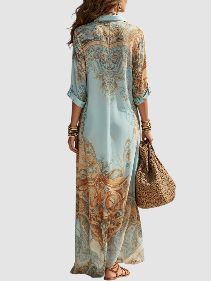 Mediterranean Maxi Shirt Dress with Button-Through Front and Breathable Fabric