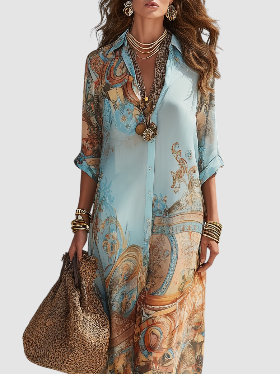 Mediterranean Maxi Shirt Dress with Button-Through Front and Breathable Fabric