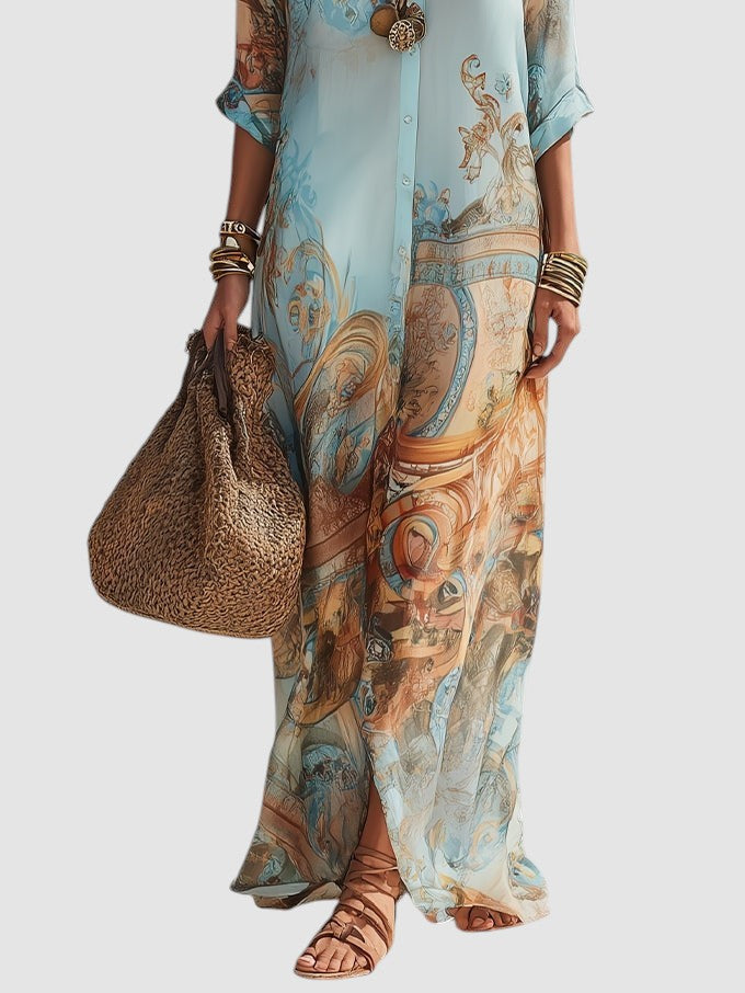 Mediterranean Maxi Shirt Dress with Button-Through Front and Breathable Fabric