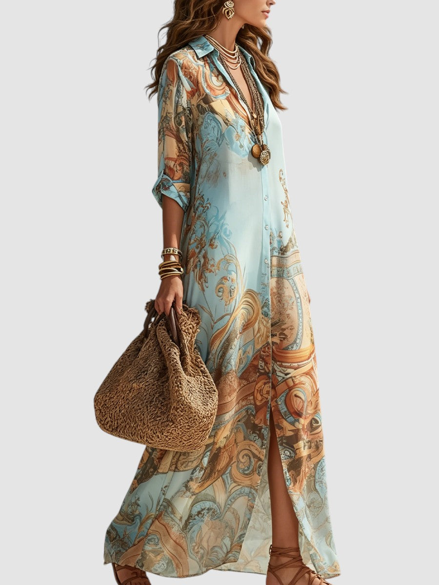 Mediterranean Maxi Shirt Dress with Button-Through Front and Breathable Fabric
