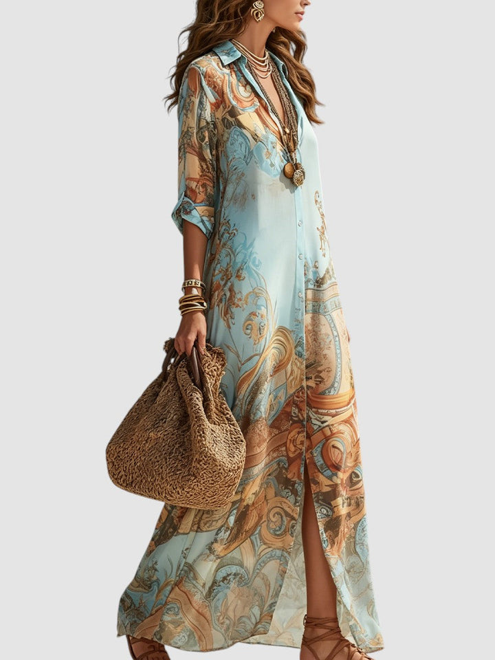 Mediterranean Maxi Shirt Dress with Button-Through Front and Breathable Fabric