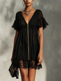 Women's Black Mini Dress with Metallic Zipper and Flutter Sleeves, Lace-Trimmed Hem