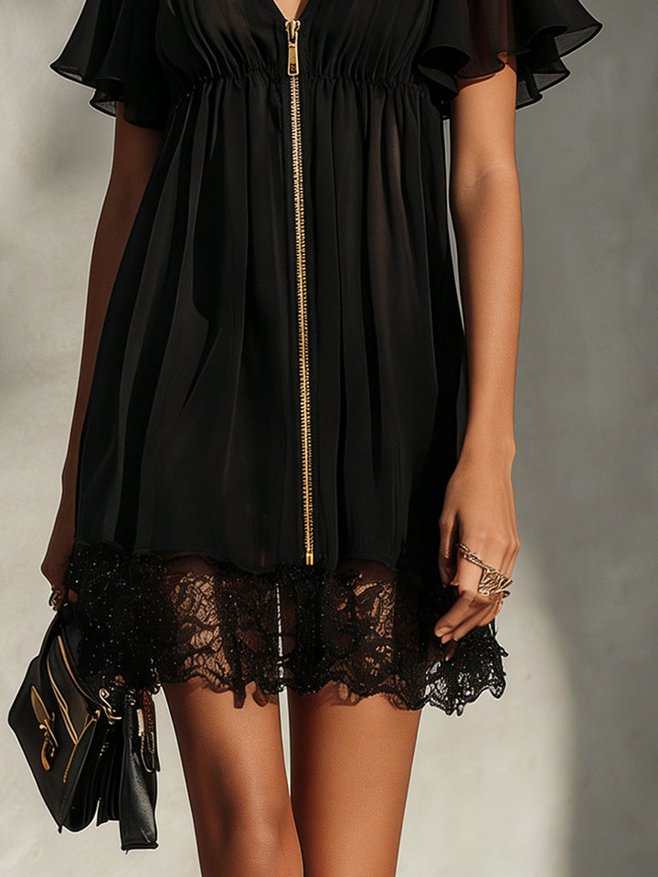 Women's Black Mini Dress with Metallic Zipper and Flutter Sleeves, Lace-Trimmed Hem