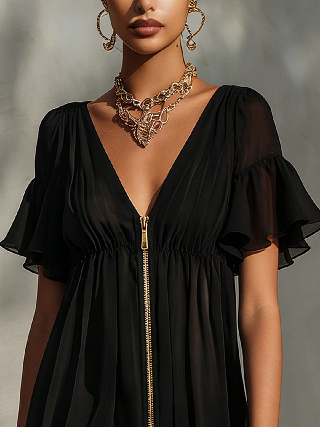 Women's Black Mini Dress with Metallic Zipper and Flutter Sleeves, Lace-Trimmed Hem
