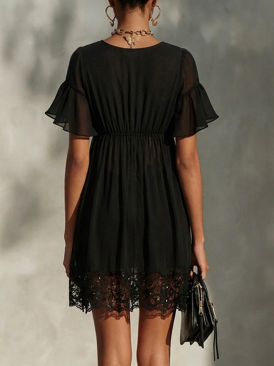 Women's Black Mini Dress with Metallic Zipper and Flutter Sleeves, Lace-Trimmed Hem