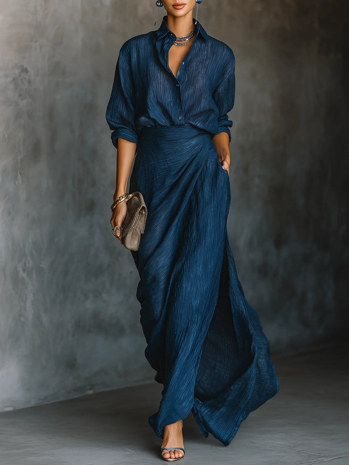 Cotton Linen Blend Maxi Dress with V-Neckline and Long Sleeves, Dark Navy