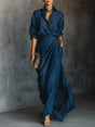 Cotton Linen Blend Maxi Dress with V-Neckline and Long Sleeves, Dark Navy