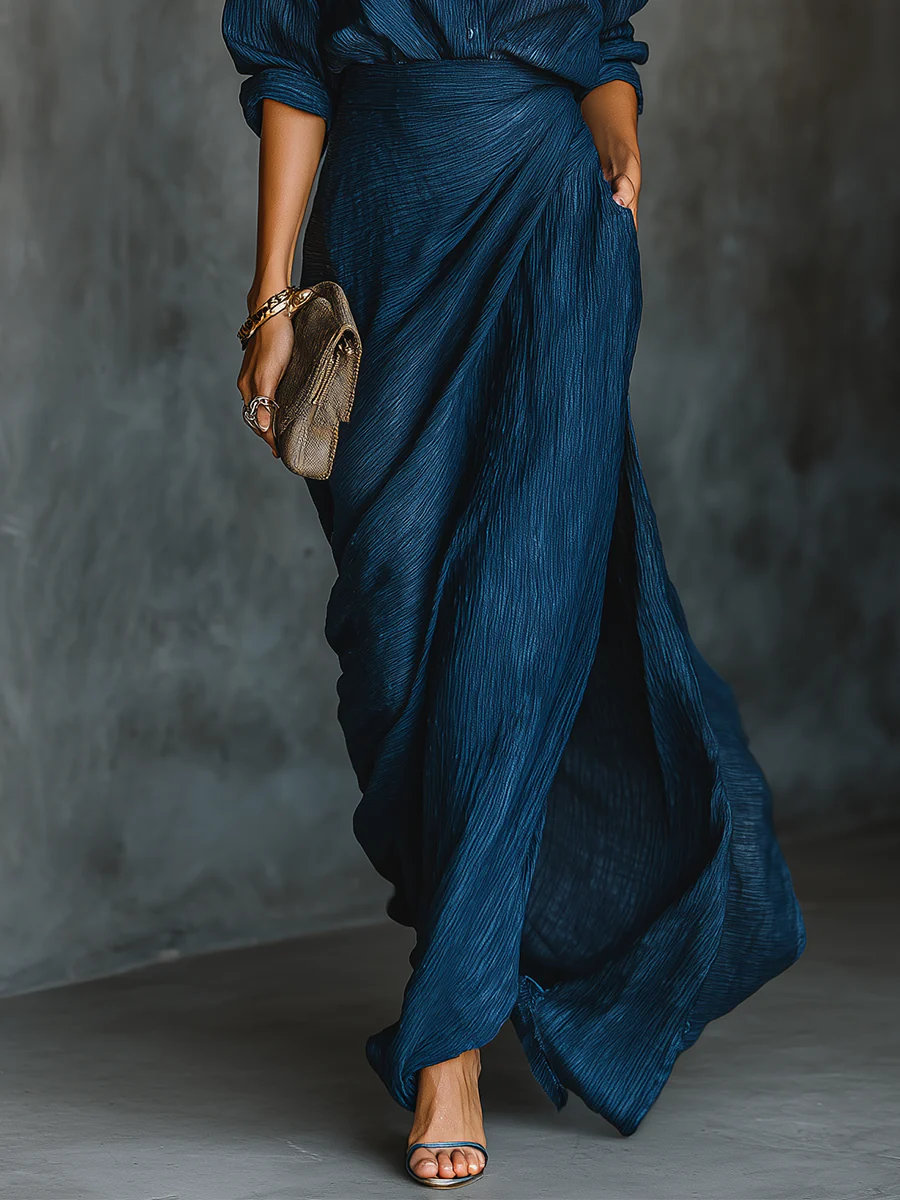 Cotton Linen Blend Maxi Dress with V-Neckline and Long Sleeves, Dark Navy