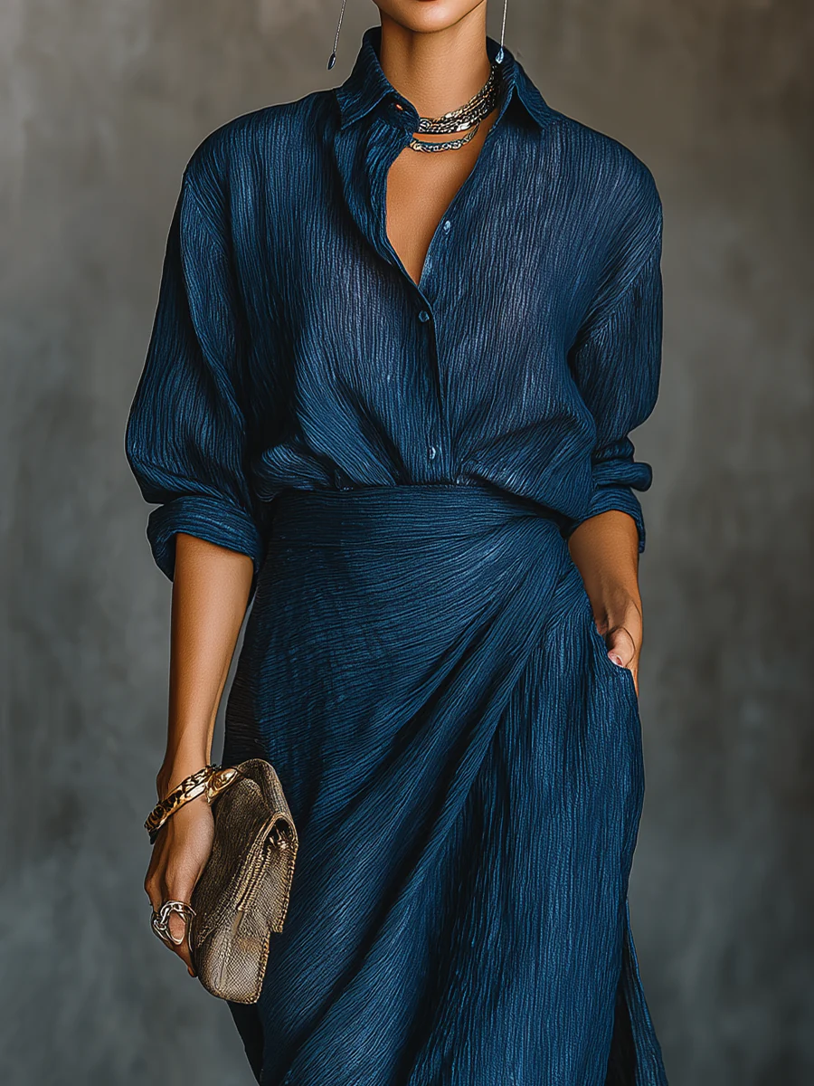 Cotton Linen Blend Maxi Dress with V-Neckline and Long Sleeves, Dark Navy