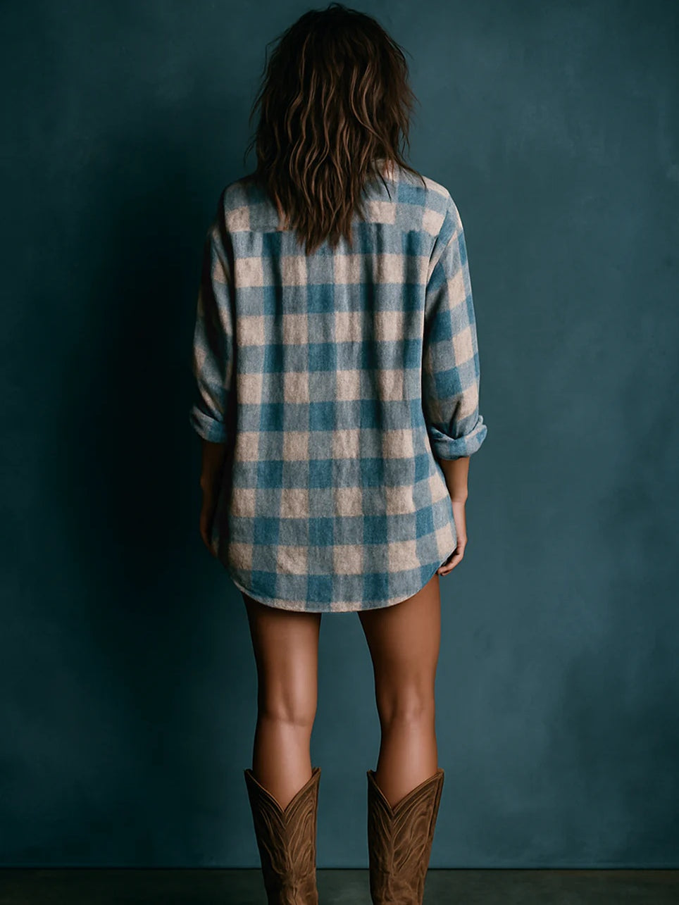Plaid Henley Mini Dress with Long Sleeves and Loose Fit, Washed Cotton Blend