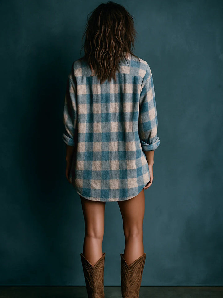 Plaid Henley Mini Dress with Long Sleeves and Loose Fit, Washed Cotton Blend