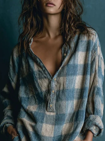 Plaid Henley Mini Dress with Long Sleeves and Loose Fit, Washed Cotton Blend
