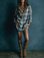 Plaid Henley Mini Dress with Long Sleeves and Loose Fit, Washed Cotton Blend