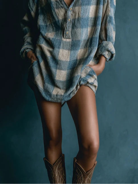 Plaid Henley Mini Dress with Long Sleeves and Loose Fit, Washed Cotton Blend