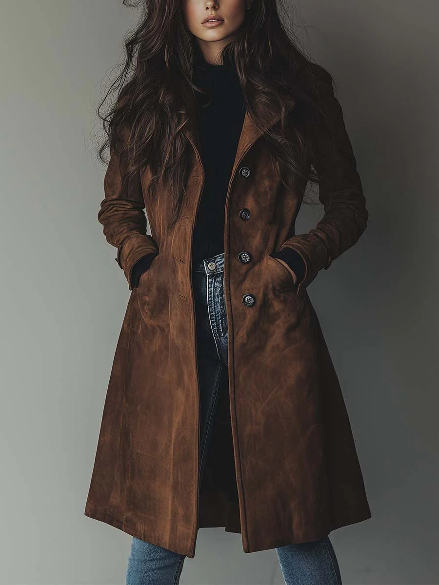 Suede Trench Coat with Tailored Silhouette and Belt Tie Closure