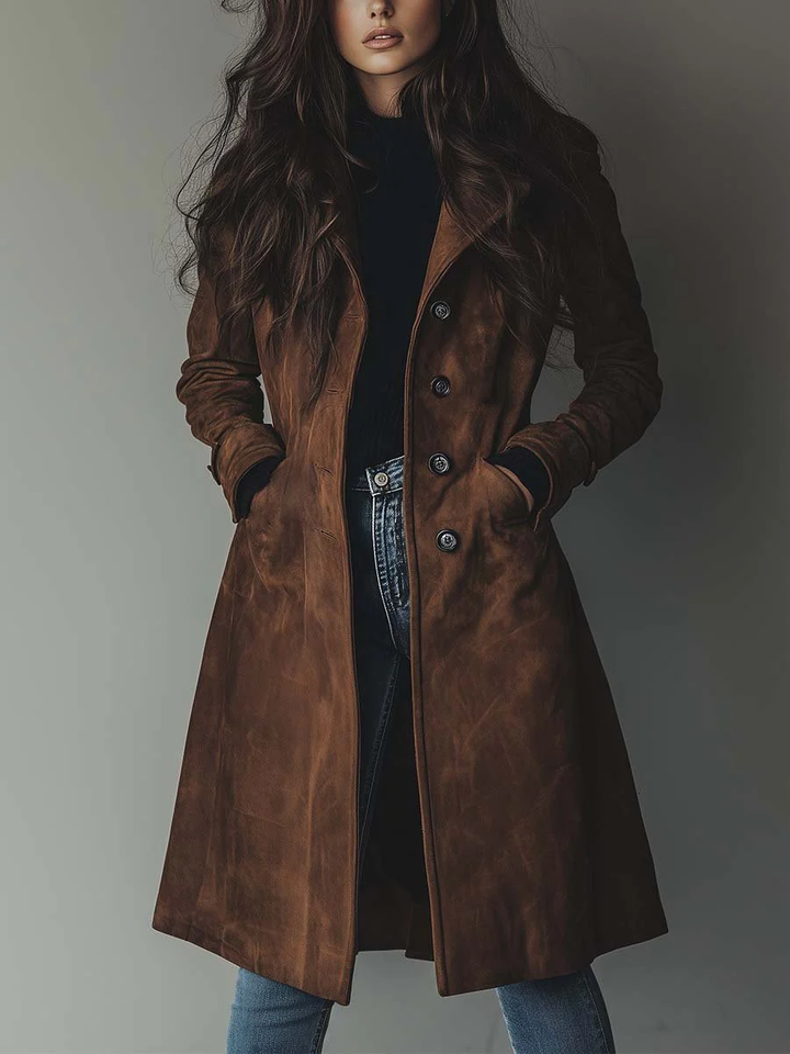 Suede Trench Coat with Notched Collar and Belted Waist