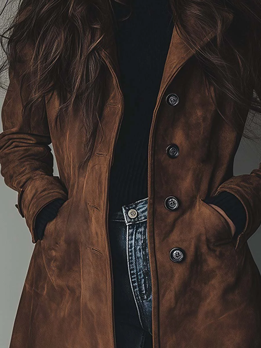 Suede Trench Coat with Notched Collar and Belted Waist
