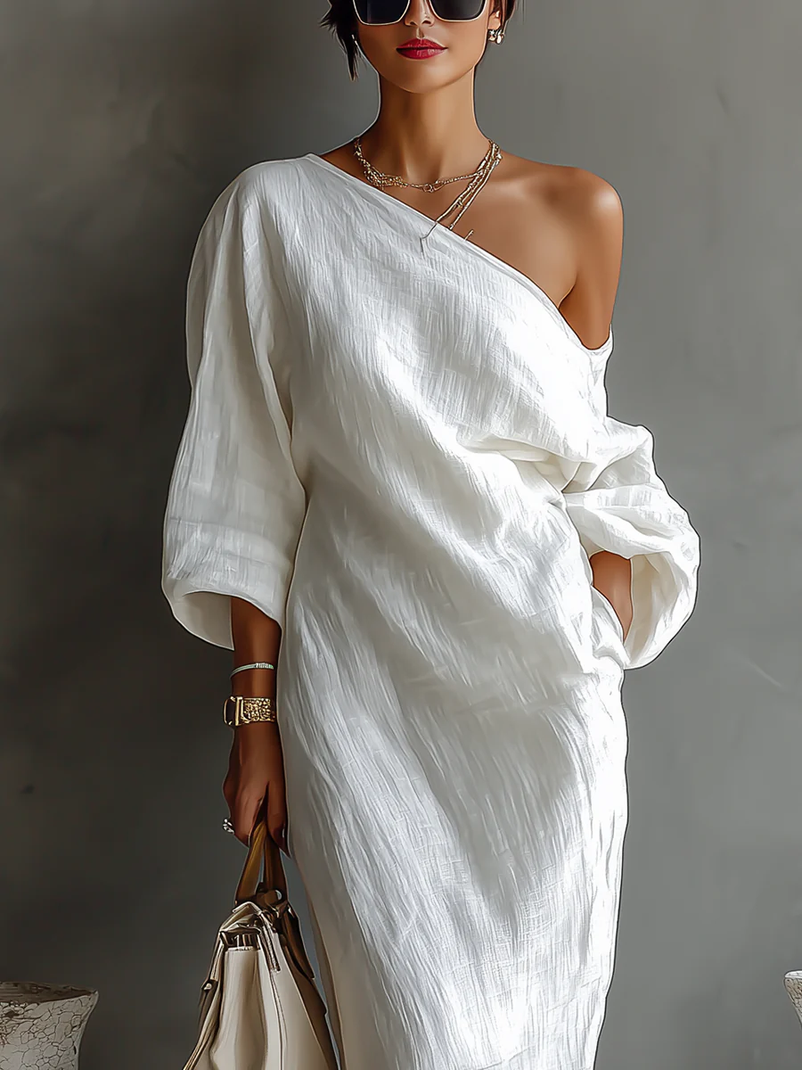 One-Shoulder Maxi Dress with Asymmetric Neckline and Full-Length Sleeve