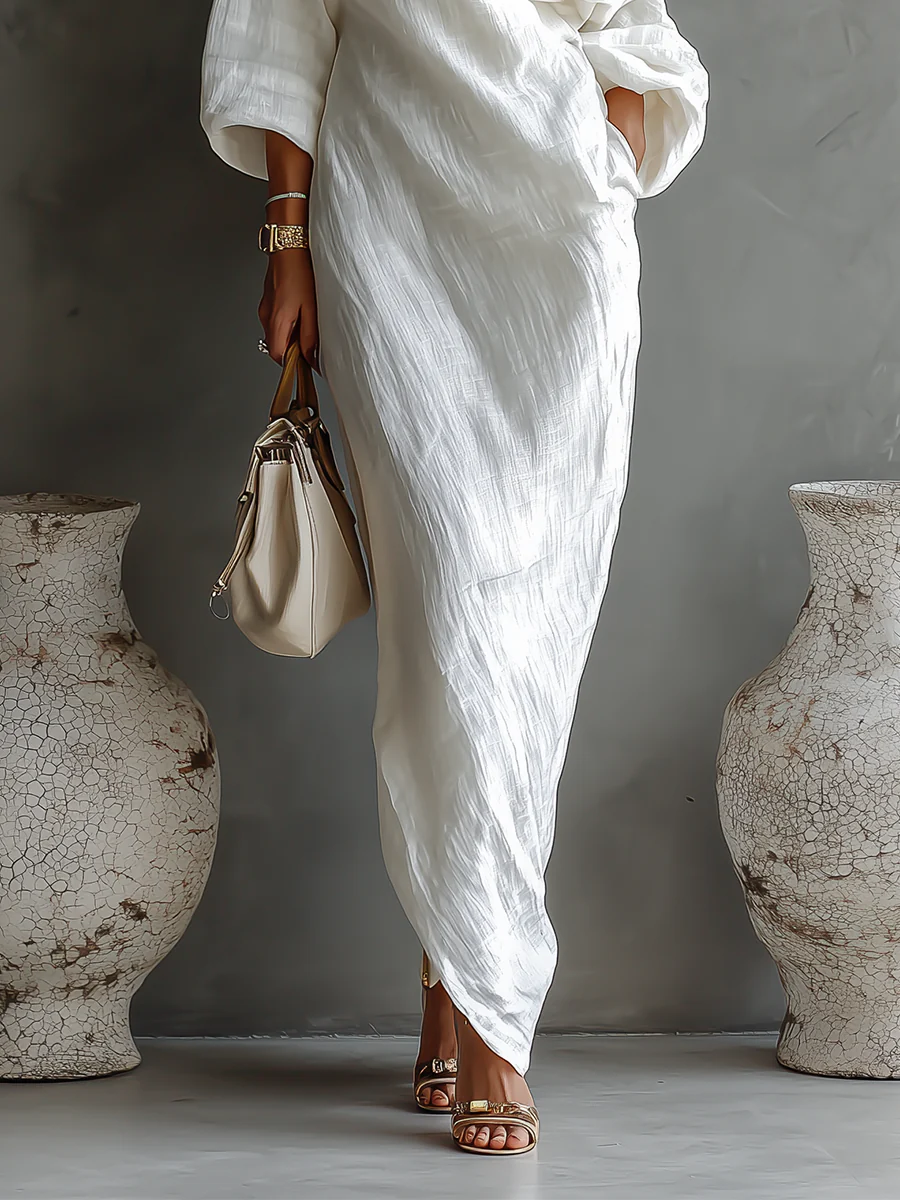 One-Shoulder Maxi Dress with Asymmetric Neckline and Full-Length Sleeve