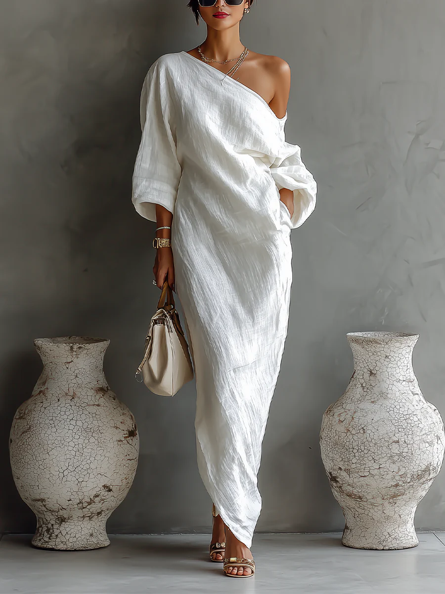 One-Shoulder Maxi Dress with Asymmetric Neckline and Full-Length Sleeve